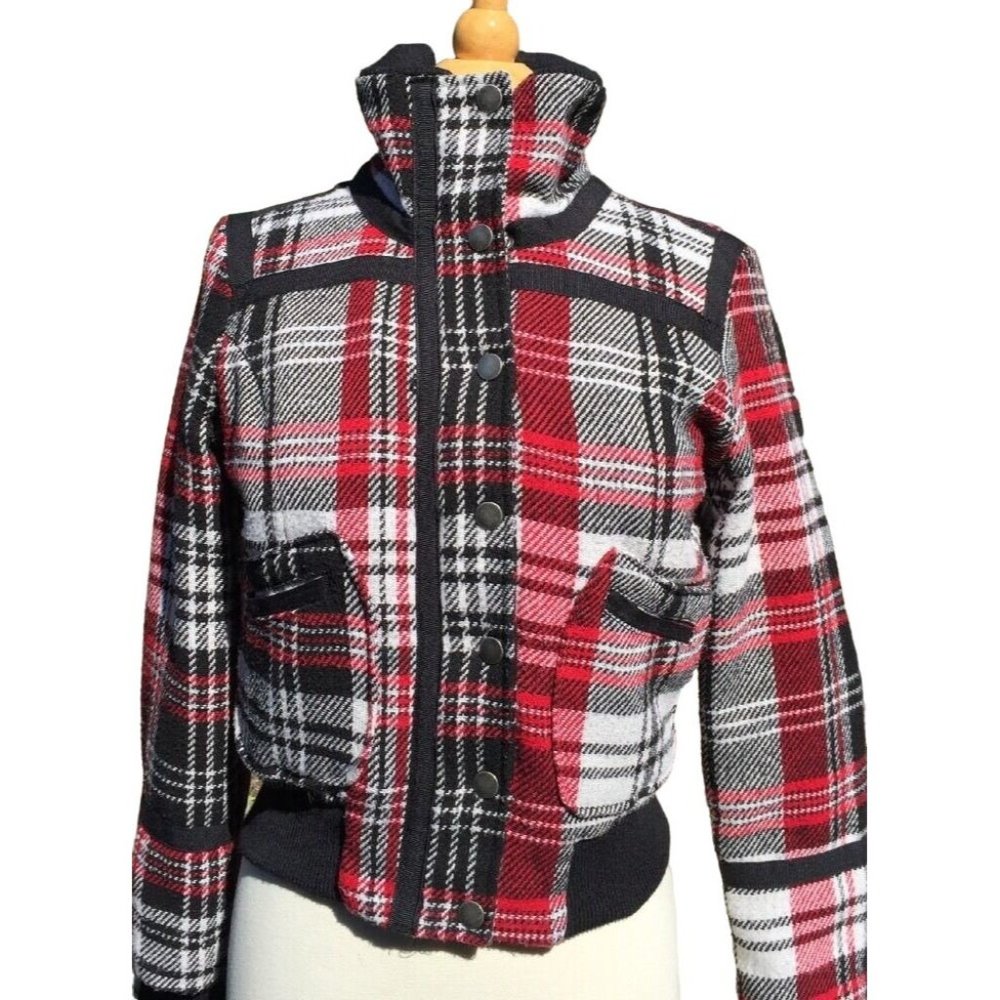 VOICE WOMENS JUNIORS BLACK RED PLAID JACKET LARGE WOOL BLEND